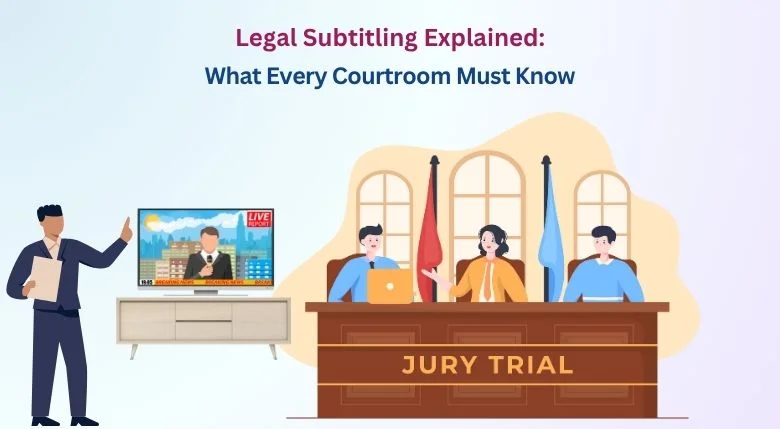 Courtroom scene with a witness giving testimony on video, highlighting challenges like indistinct audio, overlapping speech, and legal transcription complexity